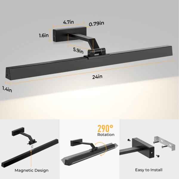 Picture Lights for Wall, Battery Operated Picture Light 24in Gallery Light for Paintings CCT Dimmable Recharging Battery Wall Light with Remote Control for Living Room Gallery Dartboard - Image 7