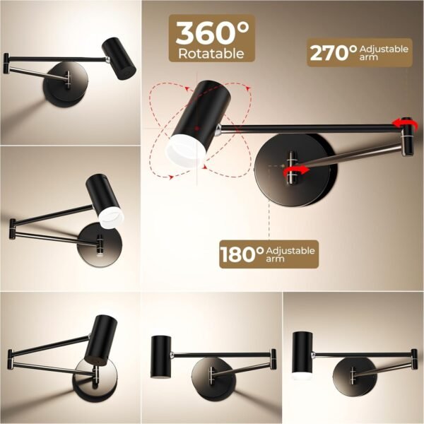 Battery Operated Wall Sconces Set of 2, Swing Arm Wall Lamp with Remote Control, Not Hardwired Led Wall Lamp Fixtures Dimmable Wall Light Decor for Bedroom Reading Living Room - Image 6