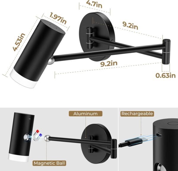 Battery Operated Wall Sconces Set of 2, Swing Arm Wall Lamp with Remote Control, Not Hardwired Led Wall Lamp Fixtures Dimmable Wall Light Decor for Bedroom Reading Living Room - Image 8