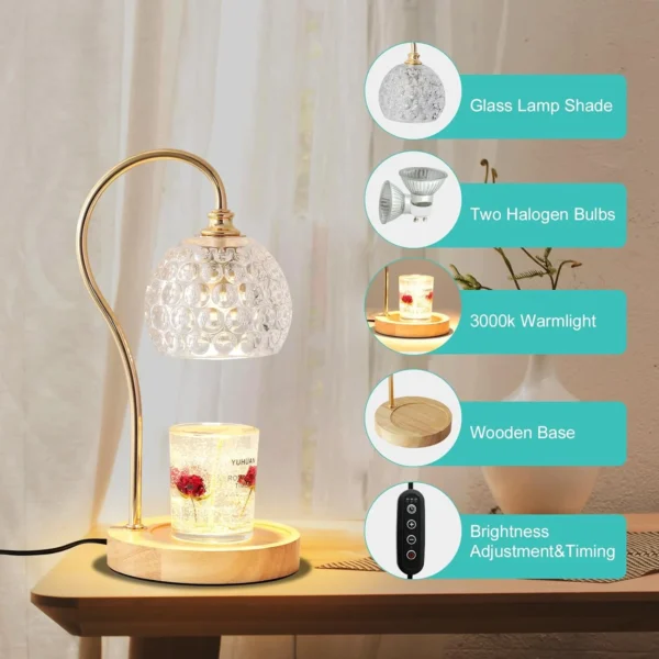 Dimmable Candle Warmer Lamp with Timer, Amber Glass Shade, 2 Bulbs Included - Image 2