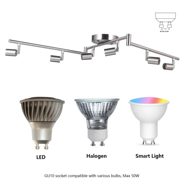Afyuol 6-Light Adjustable Dimmable Track Lighting Kit, Flexible Foldable Arms, Matt White - Perfect for Kitchen, Hallway Bedroom Lighting Fixture (Bulbs Not Included) - Image 3