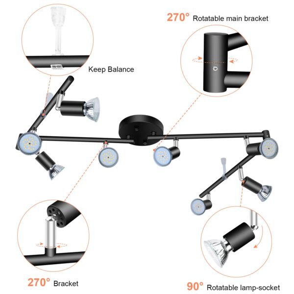 8 Light Track Lighting Kit, Multi-Directional Ceiling Accent Spot Lights, GU10 Socket Bulbs, Flexible Foldable Arms, Rotatable Light Heads (Black) - Image 3