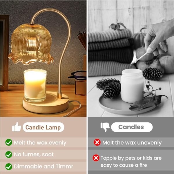 Dimmable Candle Warmer Lamp with Timer, Amber Glass Shade, 2 Bulbs Included - Image 2