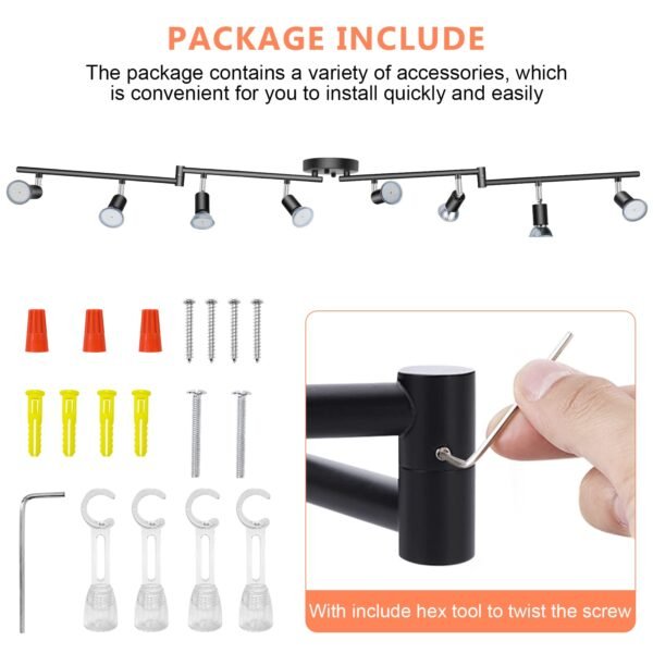 8 Light Track Lighting Kit, Multi-Directional Ceiling Accent Spot Lights, GU10 Socket Bulbs, Flexible Foldable Arms, Rotatable Light Heads (Black) - Image 5