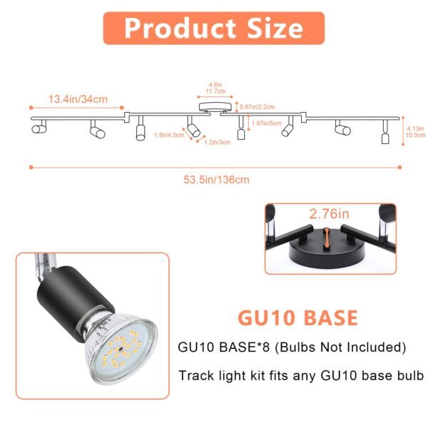 8 Light Track Lighting Kit, Multi-Directional Ceiling Accent Spot Lights, GU10 Socket Bulbs, Flexible Foldable Arms, Rotatable Light Heads (Black) - Image 6