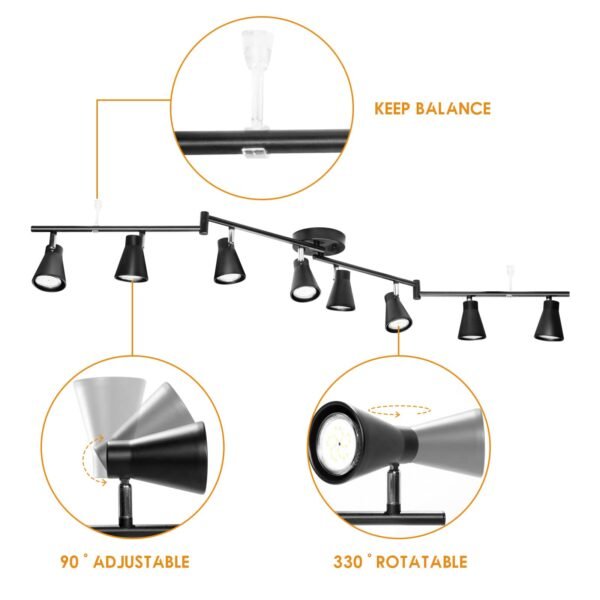 Flexible Track Lighting Fixture, Foldable Ceiling Spot Light with Adjustable 8 Light Heads, GU10 Track Light Kit for Kitchen Bedroom Living Room Matte Black (Bulbs Not Included) - Image 5