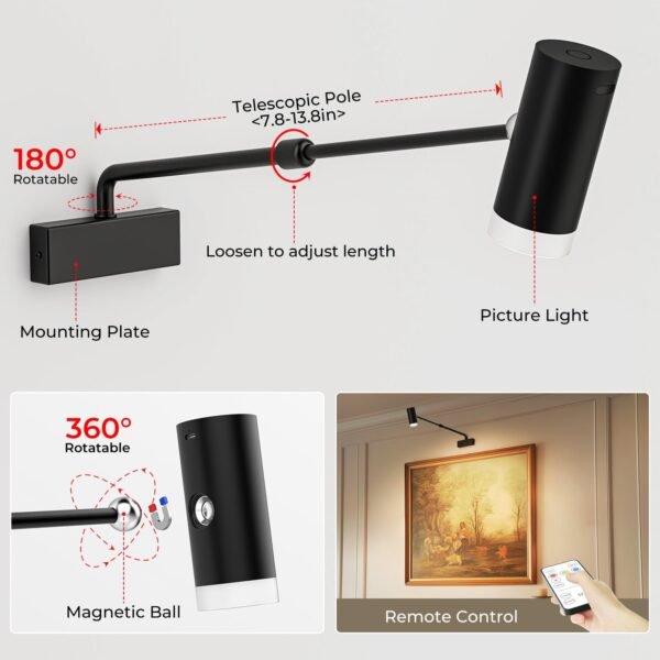 Battery Operated Adjustable Picture Light with Remote Control - CCT Dimmable Wireless Art Light - Image 5