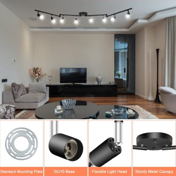 8 Light Track Lighting Kit, Multi-Directional Ceiling Accent Spot Lights, GU10 Socket Bulbs, Flexible Foldable Arms, Rotatable Light Heads (Black) - Image 7